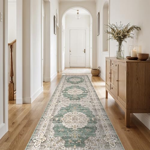 3x10 Runner Rug Washable Vintage: Non Slip Hallway Runners Green/Beige - Image 2