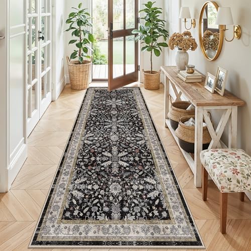 3x8 Hallway Runner Rug Washable Non-Slip – Boho Floral Soft Wide Carpet Runner for Kitchen Entryway Bathroom Bedroom – Low-Pile Thin Floor Mat with Rubber Backing (Black,3x8) by BYYVOORugsforYourHome