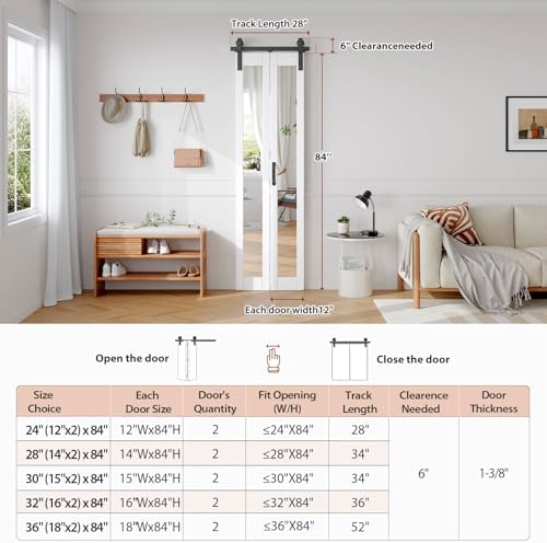 FREDBECK Bifold Barn Doors 24x84 (Double 12x84) with 1 Lites Mirror,White - Image 6