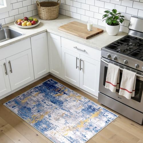 RELEANY Washable 3'x4' Abstract Area Rug for Living Room Blue Gold - Image 3