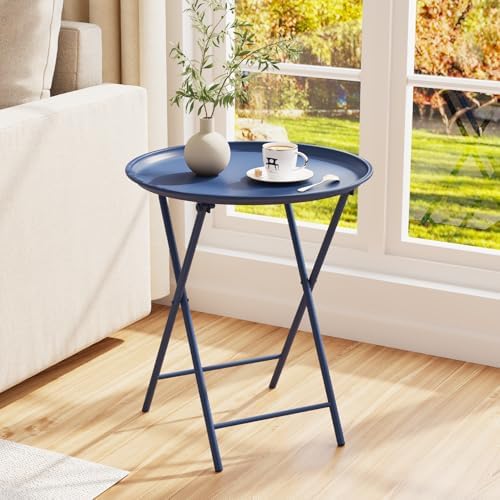 Garden 4 you Folding TV Tray Table, Metal Round Side Table, Blue Dinner Table with Metal Frame, Modern Outdoor Tray Table for Living Room, Bedroom, Patio & Small Spaces, 1 Pack by Garden4you