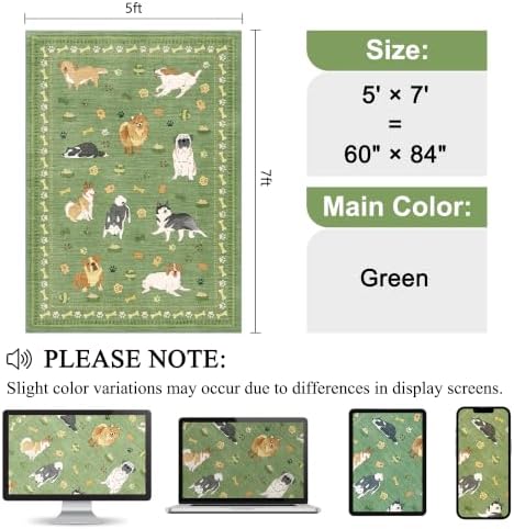 DUKINO 5x7 Area Rugs, Washable Dog Rug for Kids Room Non Slip, Green - Image 2