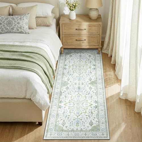 RELEANY Washable Area Rug, Runner 2'x6', Green/White/Blue - Image 3