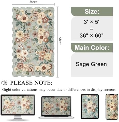 DUKINO 3x5 Area Rugs, Non Slip Floral Washable Rug for Bedroom, Sage Green - Image 2