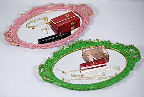 Tstarer Vintage Decorative Pink Framed Mirror, Wall Hanging Mirrors & Tabletop Tray for Bedroom Living Room Dresser Decor, Oval- 9.6" W x 14.3" L (Pink) - Image 7