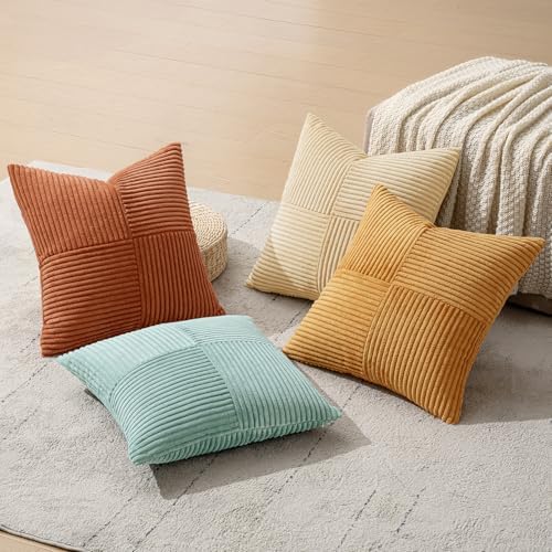MIULEE Fall Boho Farmhouse Decorative Throw Pillow Covers 20x20 Inch 4 Packs Soft Vintage Pillow Cases Modern Corduroy Patchwork Cushion Covers for Couch Sofa Bed Home Decor, Teal-Rust - Image 6