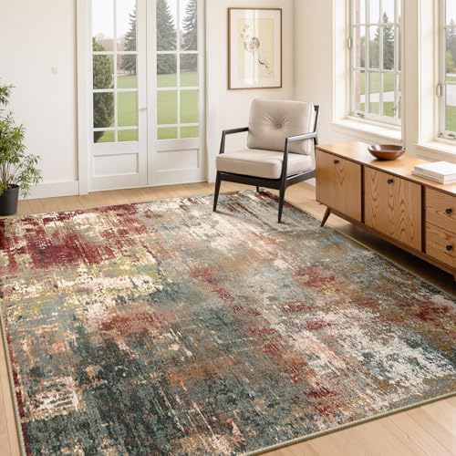 RELEANY Washable 4'x5' Abstract Area Rug for Living Room Rustic Brown by RELEANY