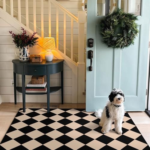 Black Tan Checkered Entry Rug - 3x5 Non-Slip Indoor Outdoor Rugs - Image 7