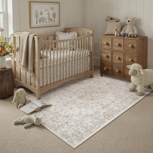 4x5 Washable Area Rug Beige Grey Non Slip Vintage Carpet - Image 3