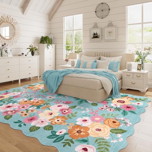 DUKINO 6x9 Area Rugs, Floral Washable Rug for Living Room Non Slip, Teal - Image 5