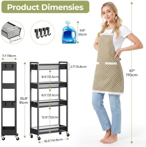 Delamu 4 Tier Slim Rolling Storage Cart, Utility Metal Narrow Cart 7.1" W - Image 2