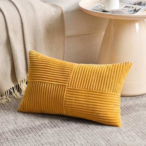 Fancy Homi 2 Packs Gold Yellow Lumbar Decorative Throw Pillow Covers 12x20 Inch for Couch Bed Sofa, Rustic Farmhouse Boho Spring Home Decor, Soft Striped Corduroy Rectangle Accent Cushion Case 30x50cm - Image 2