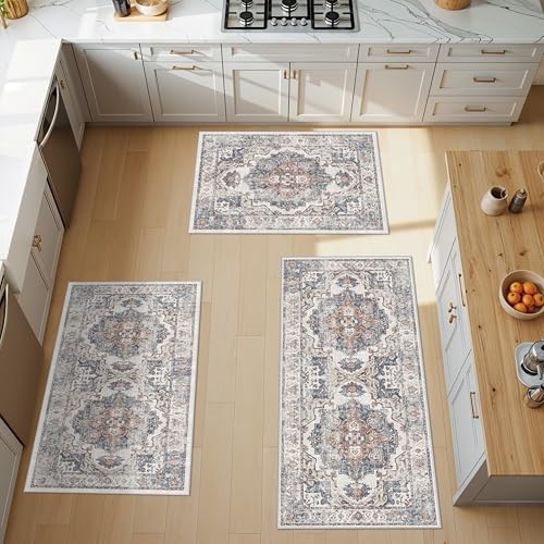 4 Pieces Kitchen Rug Set: Washable Water Resisitant Carpet for Sink Stove Area Soft Floor Mats with Non-Slip Backing for Bathroom Low-Pile Runners for Family with Elderly Dogs(2x3+2x4+2x5+2x6,Brick) by HYHAOYUNLAI