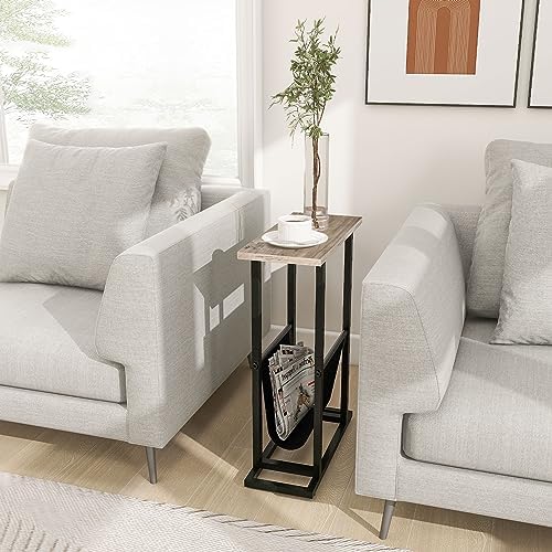 FLYJOE Narrow Side Table with PU Leather Magazine Holder Rustic Slim Little Thin Table for Living Room, Bedroom, Sofa, Grey - Image 2