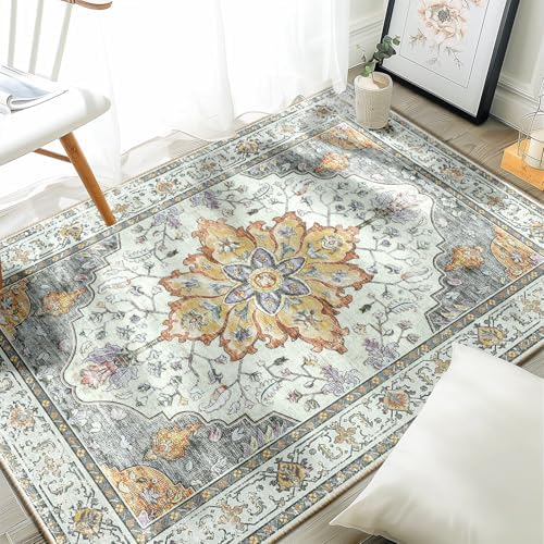 RELEANY Washable Area Rug, 3'x4', Beige/Carbon Grey/Orange by RELEANY