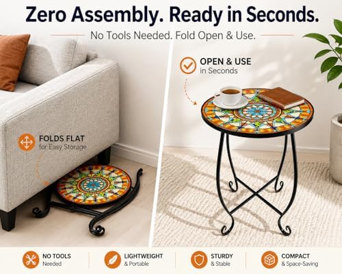 Small Mosaic Outdoor Side Table, 14-Inch Round Metal Patio Table - Image 3