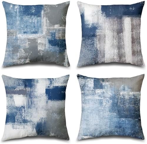 Set of 4 Blue and Grey Abstract Art Artwork Pillow Cover 16 x 16 Inch, Gallery Modern Decorative Throw Pillows Cushion Cover for Bedroom Sofa Living Room by Balaena