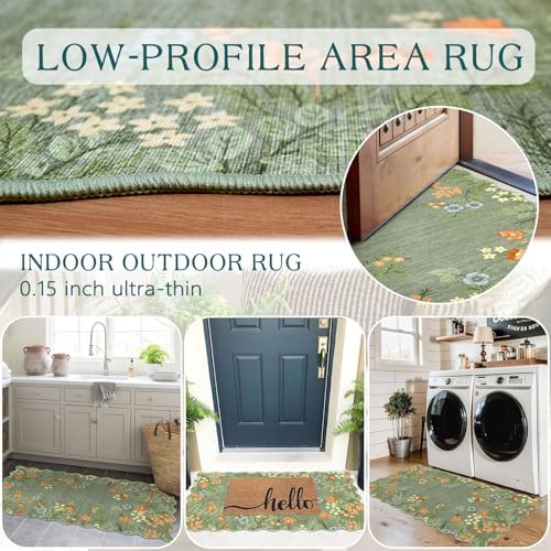 Front Door Mat Indoor Entrance - 2x4.3 Ft Sage Green Floral Washable Layered Doormat Outdoor Entrance Porch Rug Non-Slip Boho Runner Rug for Kitchen Hallway Bedroom Laundry Room Porch Decor - Image 5