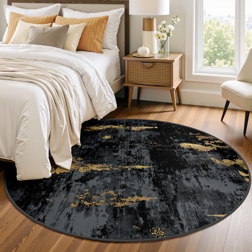 RELEANY Washable Round 4ft Area Rug for Living Room Black Gold by RELEANY