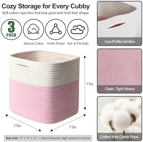 11x11 Cube Storage Bin - 3 Pack Woven Storage Cubes Organizer, 11 Inch Cotton Rope Baskets for Organizing, Decorative Square Shelf Baskets Closet Bins, Toy Boxes for Girls, Pink Room Decor - Image 2
