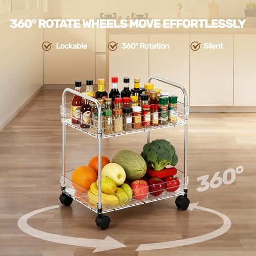 2 Tier Utility Rolling Cart with Wheels Multifunctional Storage Cart Under Desk Storage Organizer with Handle and Hooks for Home Kitchen Office Bathroom Organization Transparent - Image 2
