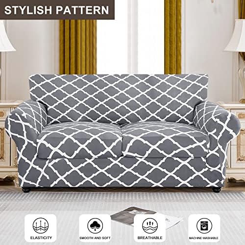 SearchI Stretch Sofa Cover Printed Couch Cover, Floral Pattern 3 Pieces Loveseat Slipcover with 2 Separate Cushion Cover, Washable Furniture Protector for Living Room(Loveseat, Gray+White) - Image 2
