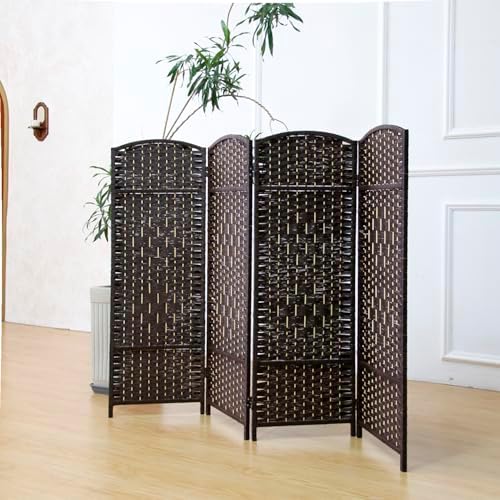Compact 4 Panel Short Room Divider, 47.2 Inch Tall Double-Sided Rattan Folding Privacy Screen for Home & Office,Dark Brown by PawlaBay