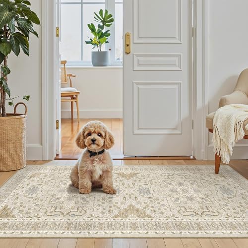 Madane Washable Area Rug 2x4, Small Entryway Rugs Non-Slip, Beige/Blue - Image 4