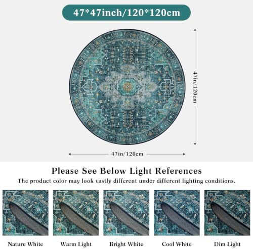 Moynesa Ultra-Thin Washable Round Rug - 4ft Oriental Circle Area Rugs for Bedroom Entryway, Teal Vintage Non Slip Non Shedding Low Pile Carpet for Living Room Coffee Table Kitchen - Image 2