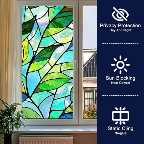 BlissYard Green Leaf Privacy Window Film 17.7x39.3 Inch PVC - Image 2