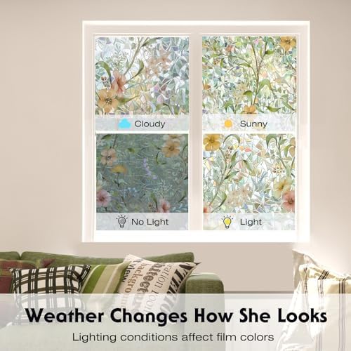 Volcanics Stained Glass Window Film with Installation Tools, Rainbow Window Privacy Film, Decorative Window Clings for Glass Windows, Static Cling Sun Blocking Floral Decals, 17.5 x 78.7 Inch - Image 6