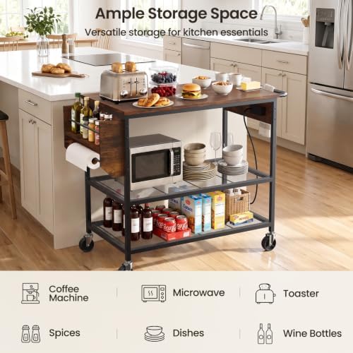Rolling Kitchen Island with Storage, 3 Tier Kitchen Island Cart with Wheels,Wood Large Worktop, Storage Shelves, Lockable Casters, Power Outlet, Push Handle for Kitchen Dining Room - Image 3