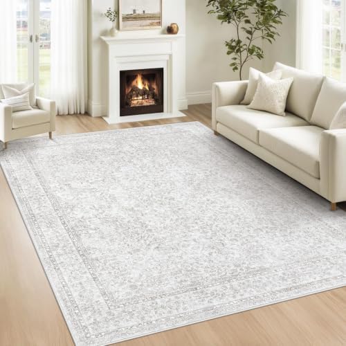 5x7 Area Rugs for Living Room: Washable Vintage Floral Rug Low Pile Non-Slip Boho Carpet for Nursery Bedroom Dining Room (Floral Grey, 5'x7') by LOSBULAKE