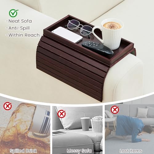 GEHE Bamboo Sofa Arm Tray, Foldable Couch Arm Tray Side Table, Anti-Falling Armrest Tables Cup Holder for Snacks, Drinks, Beers, Phone, Control, Flexible and Portable, Anti-Slip - Image 2