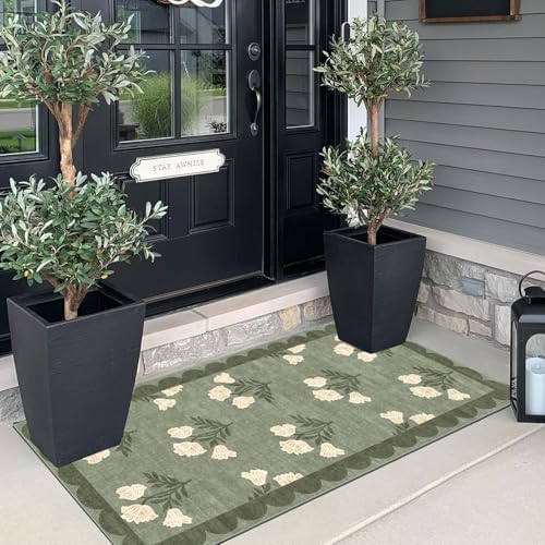 Front Door Mat Indoor Entrance - 2x4.3 Sage Green Boho Floral Rug - Image 4