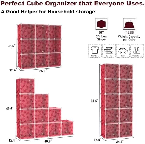 C&AHOME Clover Embossed 10-Cube Storage Organizer with Door Cube Shelf Red - Image 3