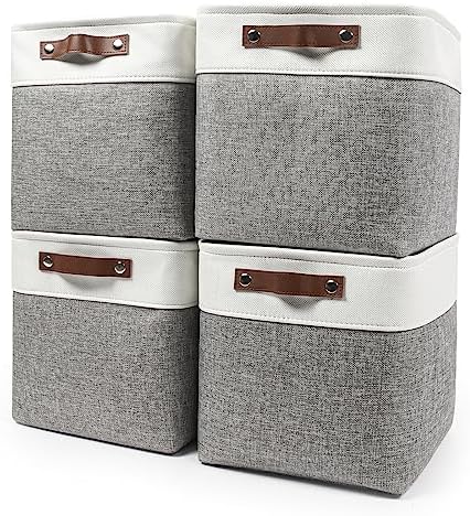 Bagnizer Collapsible Fabric Storage Cubes 11x11 Cube Storage Bins, 4 Pack Closet Baskets Box with Handles for Organizing, Shelf, Toys, Clothes, Home, Office, Nursery (Grey&White) by Bagnizer