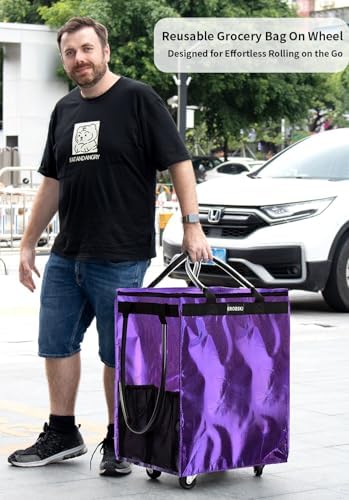 Medium Purple Reusable Grocery Bag on Wheels, Foldable Rolling Tote Bag - Image 3
