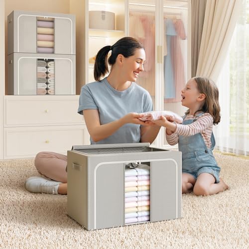 Clothes Storage Bins with Metal Frame Foldable Storage Box Clothes Organizers Storage Containers for Clothes Sheets Blankets Books Toys Gifts and Holiday Decorations (24Lx3 Pack) - Image 7