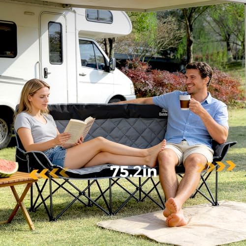 Padded 3 Person Camping Chair, Oversized Camping Couch Support 660lb, Black - Image 2