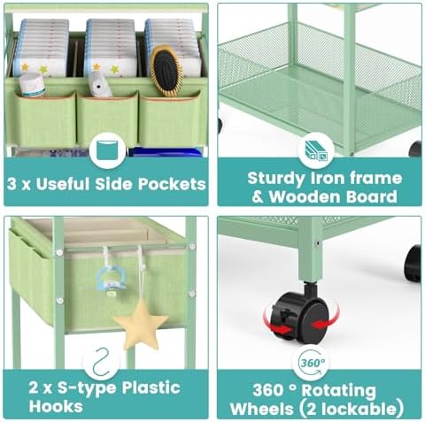LIDTOP 2in1 Baby Diaper Caddy Organizer Cart, 3-Tier Rolling Cart, Metal Diaper Caddy Carts, Bedside Carts for Nursery Essentials Storage, Detachable Dividers, Large Capacity, Green - Image 6
