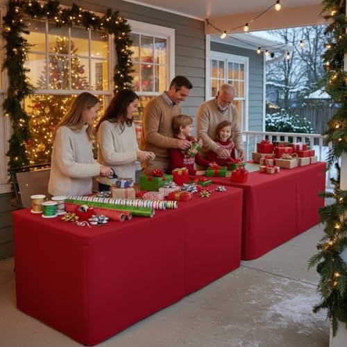 Nasitos 2 Pack Red Fitted Table Cloth for 4ft Tables Christmas Tablecloth Open Back Fabric Washable and Wrinkle Resistant Table Covers for Trade Show, Parties, Banquet, Buffet - Image 3