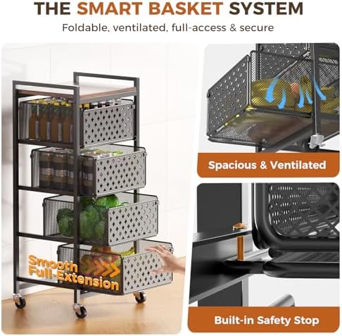5 Tier Kitchen Storage Cart with Wheels, Utility Fruit Vegetable Storage Rack Stand with Pull-Out Baskets & Wood Top, Metal 4-Drawers Rolling Snack Cart, Kitchen Cart for Potato Onion(Black) - Image 4