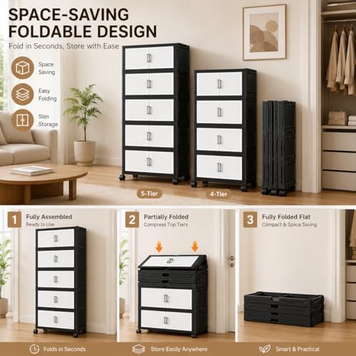 5 Tier Foldable Storage Cabinet with Top Lid, Tall Mobile PP Storage Organizer with Magnetic Doors and Wheels, Space-Saving Collapsible Organizer for Bedroom Living Room Kitchen Pantry Bathroom - Image 5
