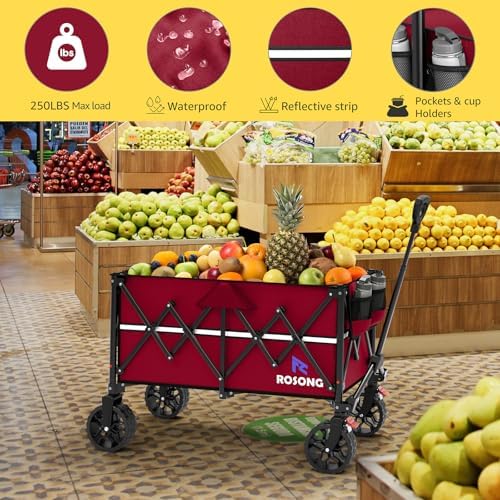 ROSONG Collapsible Wagon Cart with Wheels Foldable - Folding Utility Heavy Duty Wagons Carts for Grocery Sports Garden Shopping Camping Wheelbarrows (Burgundy, 150L) - Image 3