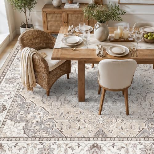 Living Room 12x12 Square Area Rug: Stain Resistant Washable Beige Vintage Rug Low-Pile Soft Floor Carpet for Bedroom Playroom Indoor Non Slip Boho Home Decor Mat for Office Dining Room(12x12，Beige) - Image 3