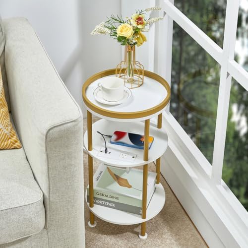 Small Round End Table with Charging Station, 3-Tier Accent Couch Beside Table with USB Ports & Power Outlets, Sofa Side Table for Living Room Small Nightstand Bedroom (USB Charger, White+Gold) - Image 6