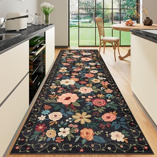 DUKINO 3x10 Runner Rug, Floral Washable Kitchen Runner Rug Non Slip, Black by DUKINO