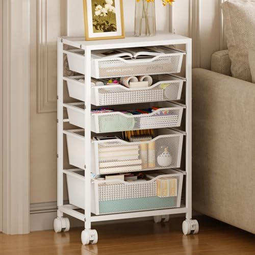 Hongtamoya Rolling Storage Cart with 5 Drawers, Metal Utility Cart with Lockable Wheels, Craft Storage Art Cart, Rolling Drawer Cart for Living Room, Bedroom, Bathroom, Office, Home, White by Hongtamoya