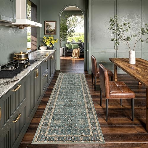 Washable 2x8 Entryway Runner Rugs, Vintage Non-Slip Low Pile Rugs Green by Winslssol